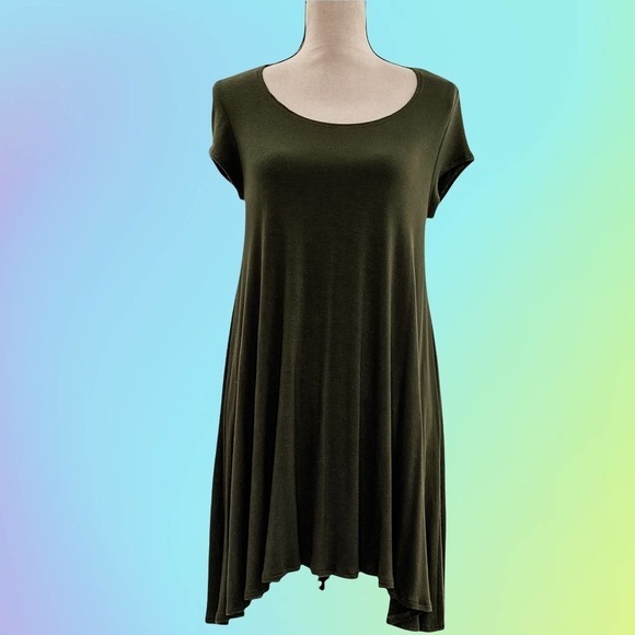 POETRY Solid Army Green Asymmetrical Sharbite Short Sleeve Tunic Top - Picture 9 of 10